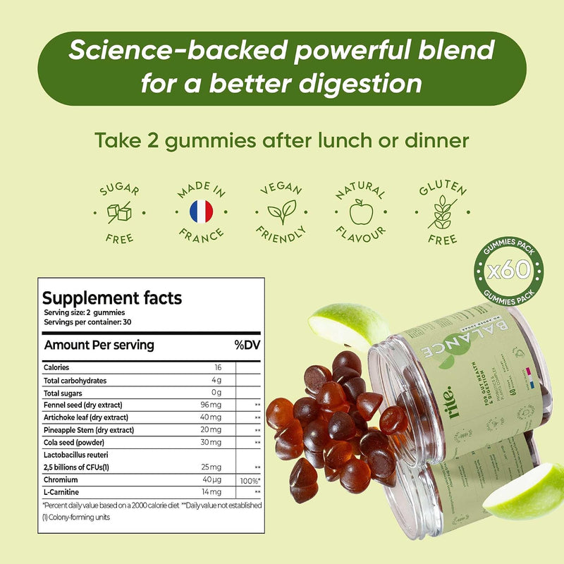 Balance sugar-free Vitamin Gummies Probiotics, Botanicals, Chromium, L-carnitine Ensure a better digestion, improve gut health, curb food cravings 60 Vegan Gummies Delicious Apple flavour