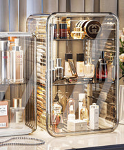 Makeup Storage Organizer,Large Capactiy Perfume Skincare Organizer with Divider,4 Layer Dustproof Cosmetic Display Cases with Magnetic Door for Vanity,Skincare,Bathroom Countertop (Clear-4tier)