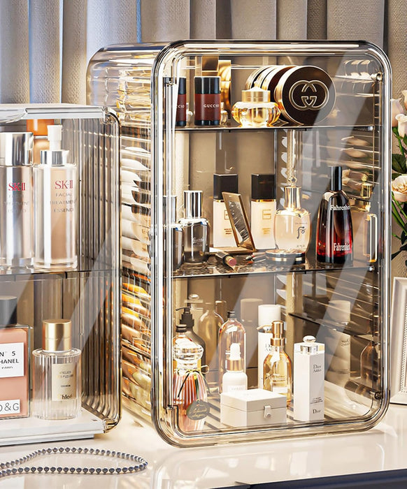 Makeup Storage Organizer,Large Capactiy Perfume Skincare Organizer with Divider,4 Layer Dustproof Cosmetic Display Cases with Magnetic Door for Vanity,Skincare,Bathroom Countertop (Clear-4tier)
