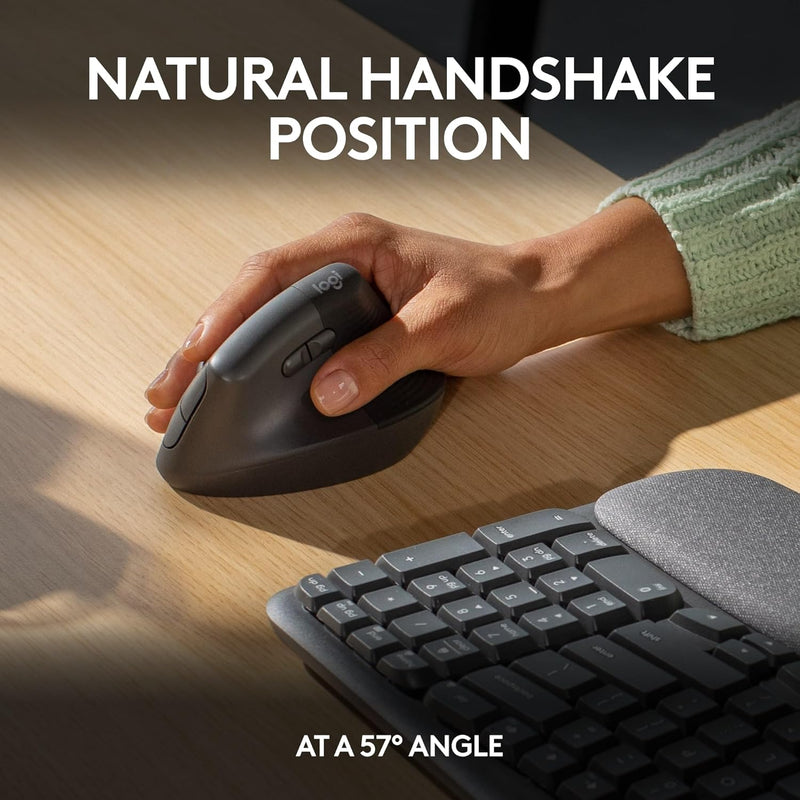 Logitech Wave Keys & Lift Vertical Mouse - Ergonomic Wireless Keyboard and Mouse Combo - with Cushioned Palm Rest, Easy-Switch, Bluetooth, for Multi-OS, Windows/Mac, US/INTL - Graphite