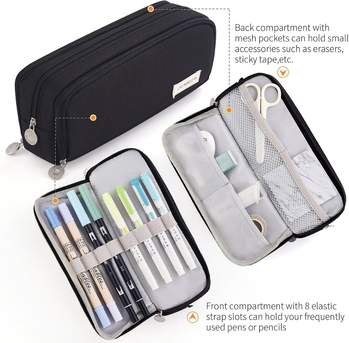 Large Capacity Pencil Case 3 Compartment Pouch, Pen Bag for School Teen Girl Boy Men Women (Black) – image 2