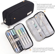 Large Capacity Pencil Case 3 Compartment Pouch, Pen Bag for School Teen Girl Boy Men Women (Black)