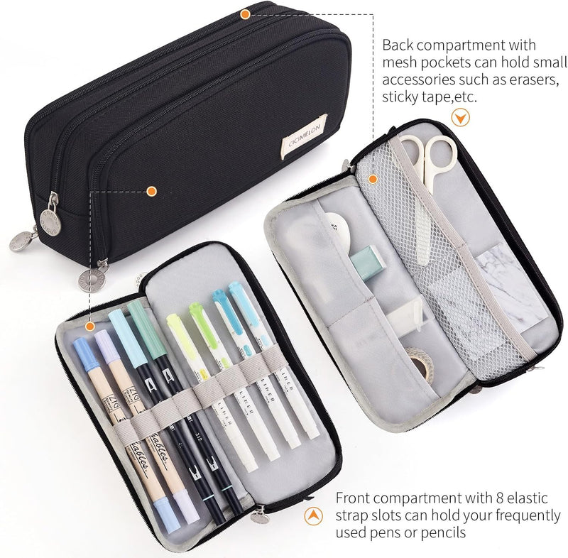 Large Capacity Pencil Case 3 Compartment Pouch, Pen Bag for School Teen Girl Boy Men Women (Black)