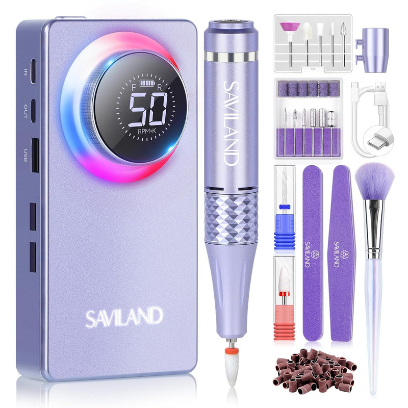 Saviland 50000 RPM Electric Nail Drill Kit - 6000mAH Electric Nail File with Ambiance Light for Acrylic Nails with 13 Nail Drill Bits Nail File Nail Buffer for Nails Manicure Kit Home DIY Salon Use