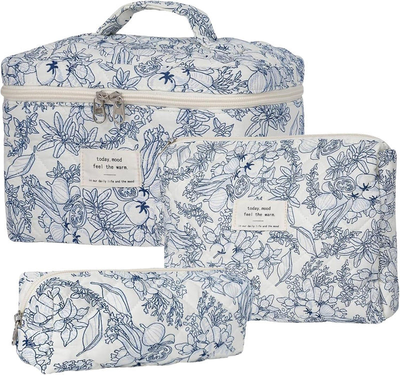 3 Pcs Cotton Quilted Makeup Bag Set,Floral Makeup Bag,Cute Makeup Bag,Travel Makeup Bag,Large Toiletry Cosmetic Bag Makeup Bag Organizer for Women Girls (H) - C