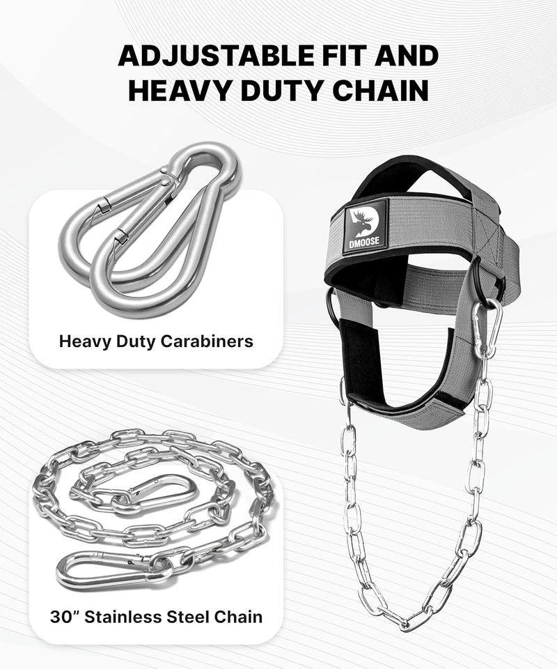 DMoose Neck Harness for Weight Lifting - 30" Heavy Duty Steel Chain - Neck Exerciser, Trainer & Strengthener for Injury Recovery Support & Workout- Adjustable Head & Chin Strap