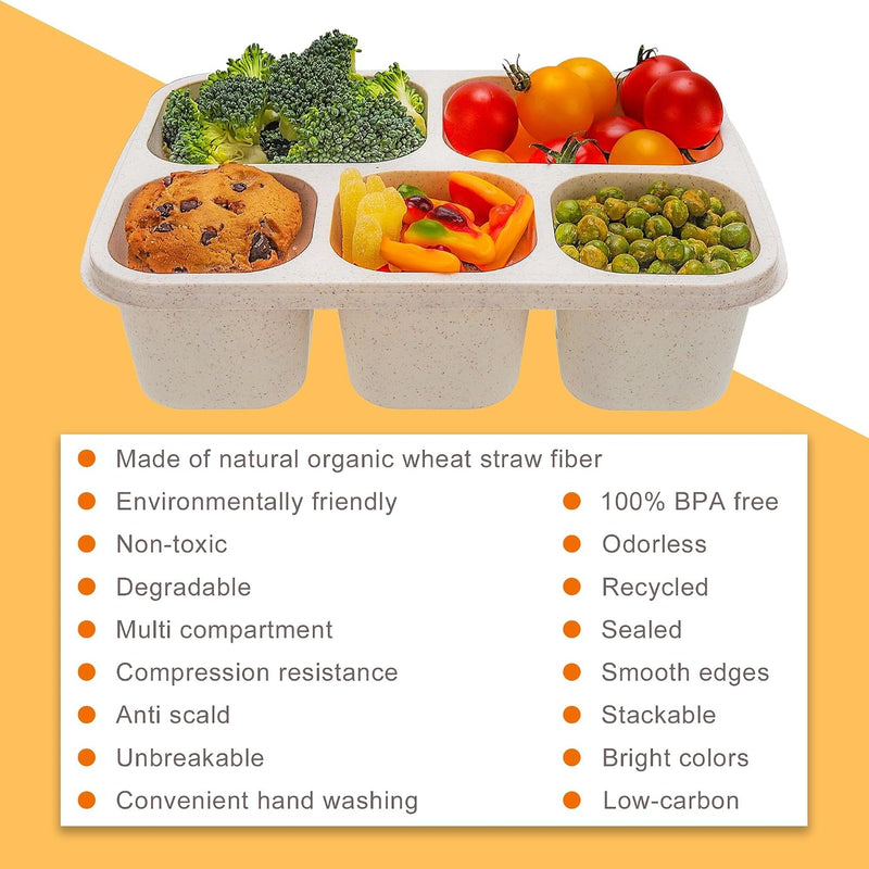 4 Pcs Wheat Straw PP 5-Compartment Bento Lunch Box, Reusable Snack Box Container for Adults and Kids, Food Storage Box for School, Work, Travel, Meal Prep Containers