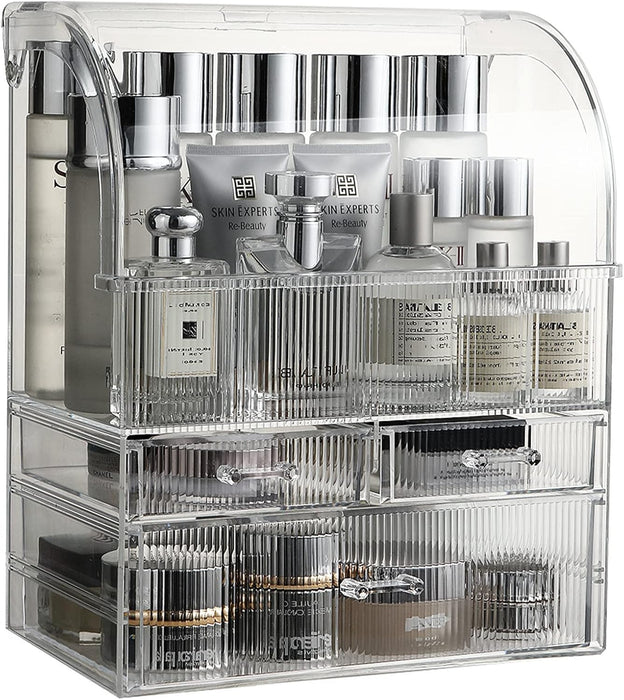 U-HOOME Makeup Organizer,Cosmetic Storage Display Case with Drawer and Dustproof Cover,Vanity Organizer Fits,Makeup Brushes, Lipsticks For Vanity, Bedroom, and Bathroom Skincare Organizer (Clear)