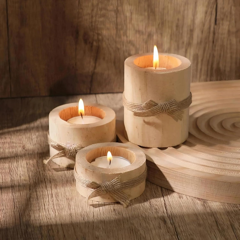 Cozy Nest 3 Piece Rustic Wooden Tea Light Cylindrical Candlestick Holders with Bowknot & Succulent Pot – Decorative Table Centerpieces for Wedding, Party, Birthday, Holiday & Home Decoration