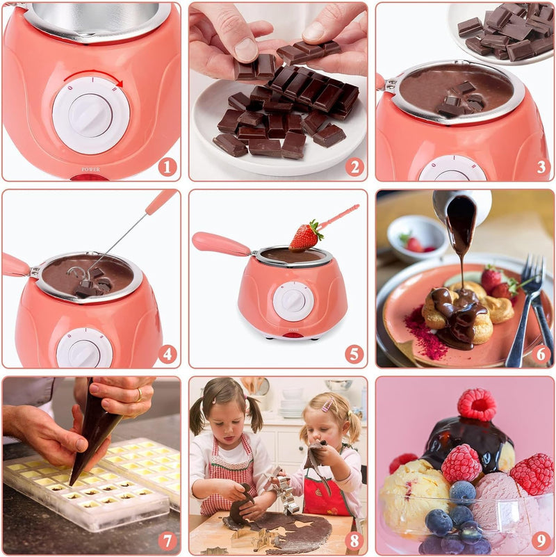 ALMEKAQUZ Electric Melting Chocolate Pot, Mini Fondue Fountain Pot Kit Gift Set, Chocolate Melting with DIY Mold and Accessories for Candy Chocolate Milk Cheese Candy