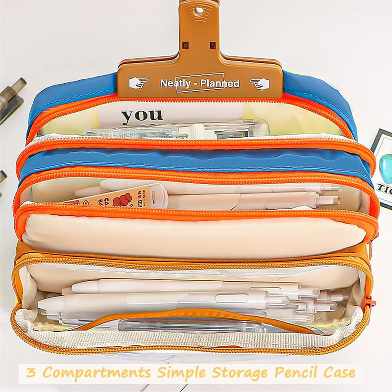Large Capacity Pencil Case, 3 Compartment Storage Organizer, Canvas Zipper Pencil Pouch for Pens Markers and Tools, Cute Stationery Bag for Women and Girls, Beige