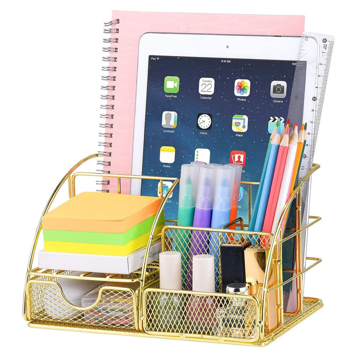 Benting Desk Organizer Office Accessories, Multi-Functional Mesh Desk Organizer with 5 Compartments and 1 Drawer for Home, Office, School, Workshop, kitchen (White)