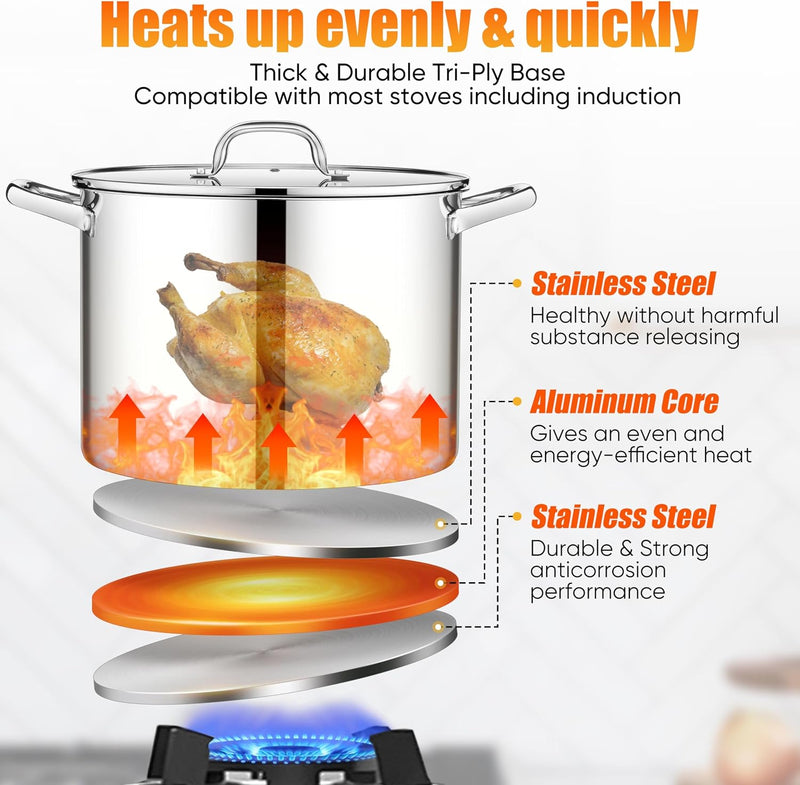 E-far 16 Quart Stainless Steel Pot, Induction Stockpot with Glass Lid - 16 Quarts