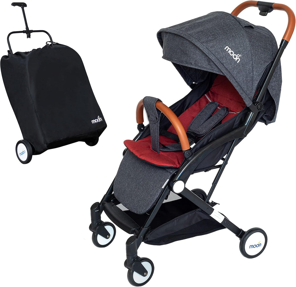 The Moon Brand Ritzi Light Weight Travel Cabin Stroller / Pushchair for Baby/Kids/Toddler from 0 Months+ (Upto 18 kg)-Multi-Postion Reclining Seat- Storage Basket - Shoulder Strap Black/Red