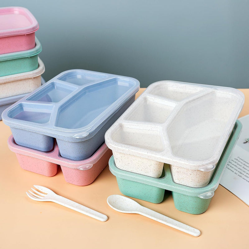 4 Pcs Wheat Straw PP 4-Compartment Bento Lunch Box, Reusable Snack Box for Adults and Kids, Meal Prep Containers for School, Work, Travel, Freezer and Dishwasher Safe