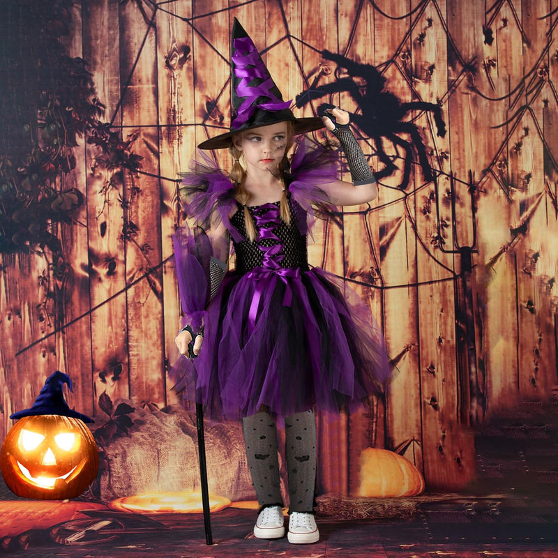 Yoawllty Witch Costume Halloween for Girls with Hat & Broom Fancy Party Dress Up Outfit, Fairytale Witch Costume Cute Witch Costume Set Purple