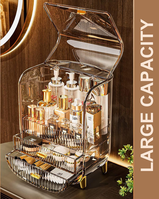 DUSALA Makeup Organizer, Large Capacity Cosmetics Makeup Organizer for Vanity, Dustproof Waterproof Cosmetics Display Case with Drawers for Skincare, Lipstick, Brushes and Jewelry (Clear)