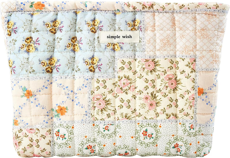 Floral Makeup Bag Large Cotton Quilted Cosmetic Makeup Bag Organizer, Aesthetic Portable Pouch Purse Toiletry Bag for Women Girls Travel accessories(Blue Floral-L) - Blue Floral-L