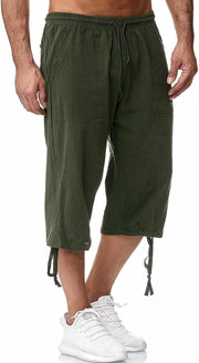 Men's Long Linen Shorts Below Knee Pocketed 3/4 Summer Drawstring Capri Pant - Army Green