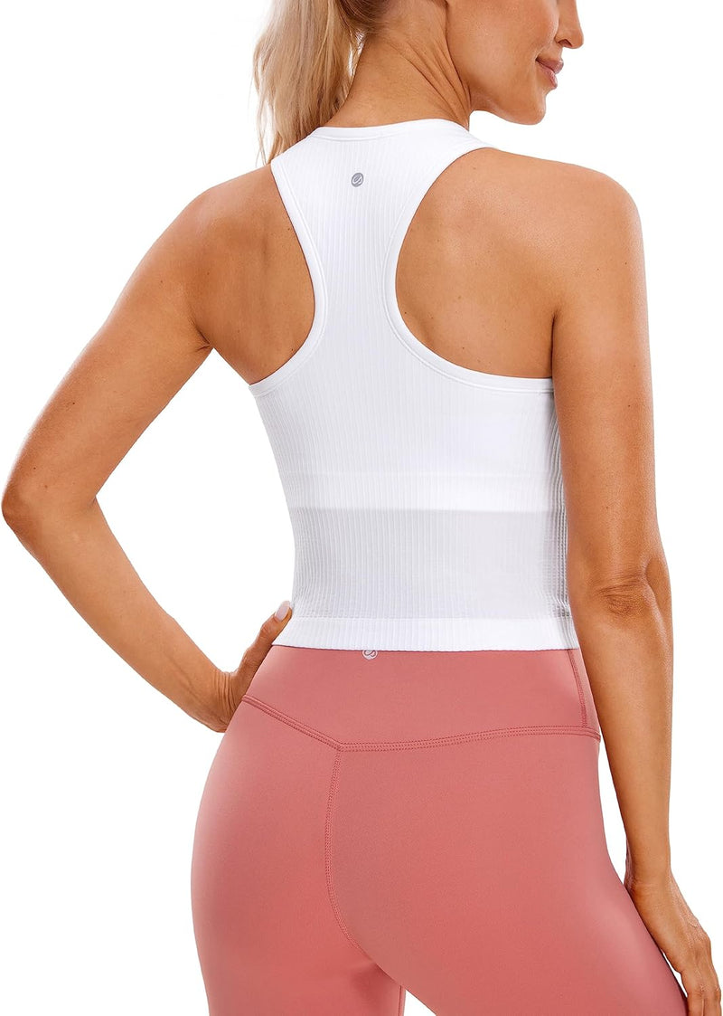 CRZ YOGA Womens Seamless Ribbed Longline High Neck Sports Bra - Racerback Padded Slim Fit Crop Tank Top with Built in Bra