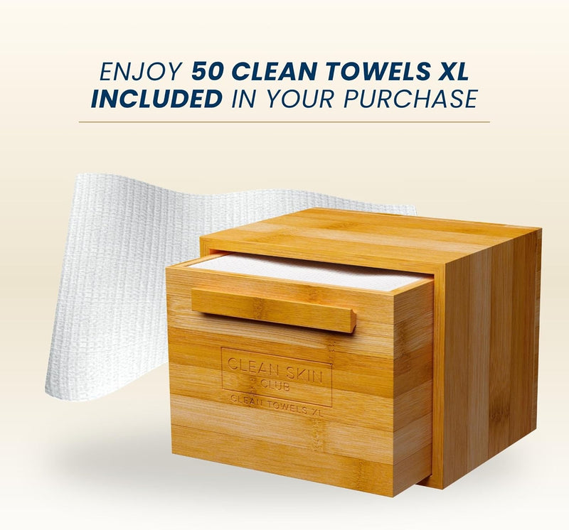 Clean Skin Club Clean Luxe Bamboo Box with Drawer & Towels XL, Face Towel, Disposable Makeup Remover Dry Wipes, Facial Wash (Bamboo Container Drawer)