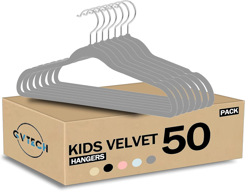 GVTECH Kids Hangers Velvet, [50 Pack] Children Cloth Durable Baby Hangers for Closet - Perfect Infant Toddler Kid Hanger for Everyday Use, Non Slip 360° Hooks for Shirt, Pant (50 Pack, Grey)