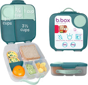 b.box Lunchbox Jumbo Bento Box with 4 Compartments (2 Leakproof), Removable Divider, Gel Cold Pack Ideal for School from 3+ 1L Capacity - Emerald Green