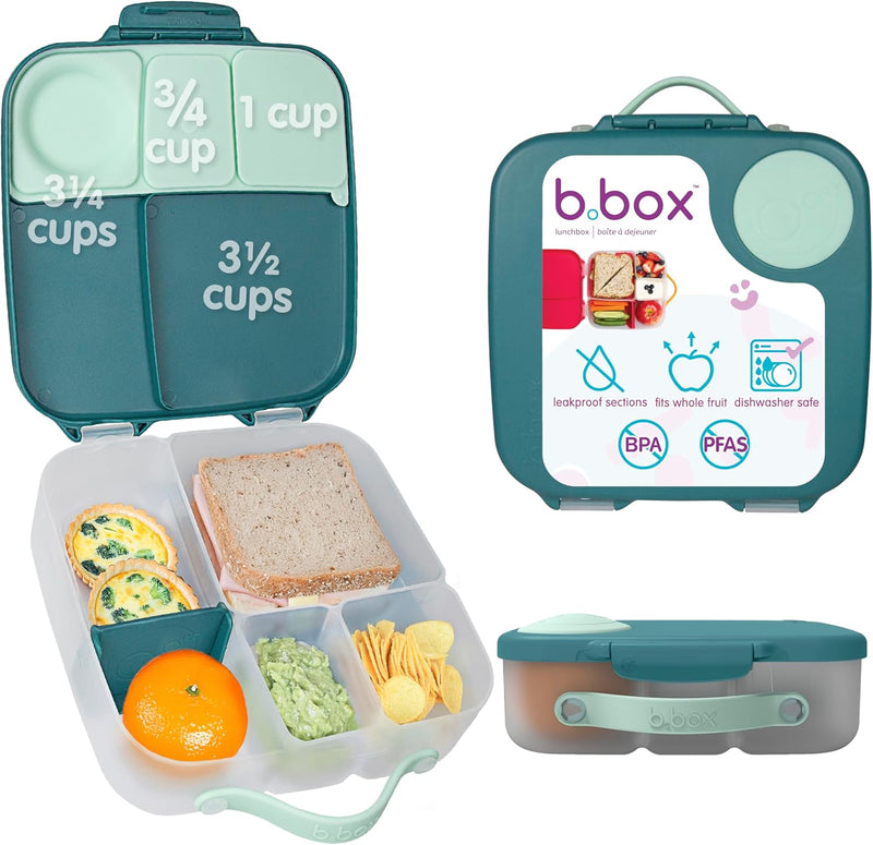 b.box Lunchbox Jumbo Bento Box with 4 Compartments (2 Leakproof), Removable Divider, Gel Cold Pack Ideal for School from 3+ 1L Capacity - Emerald Green