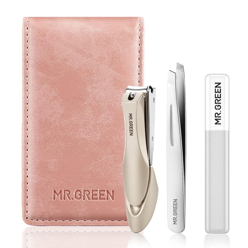 MR.GREEN 3pcs Stainless Steel Nail Clippers Set Pink Manicure Pedicure Set with Nail Clippers&Glass Nail file&Tweezers Medical Grade Grooming Kit with Travel Case Gift Box for Man and Woman