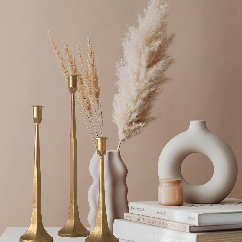 KASTWAVE Iron Taper Candle Holder, Set of 3 Gold Candlestick Holders Decorative Candle Stand, Tapered Candle Holders Tall Set for Wedding, Dining Table, Home Decoration, Party - Antique Brass