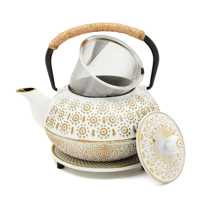 Juvale White Cast Iron Japanese Teapot with Handle, Infuser, and Trivet (800 ml, 27 oz)