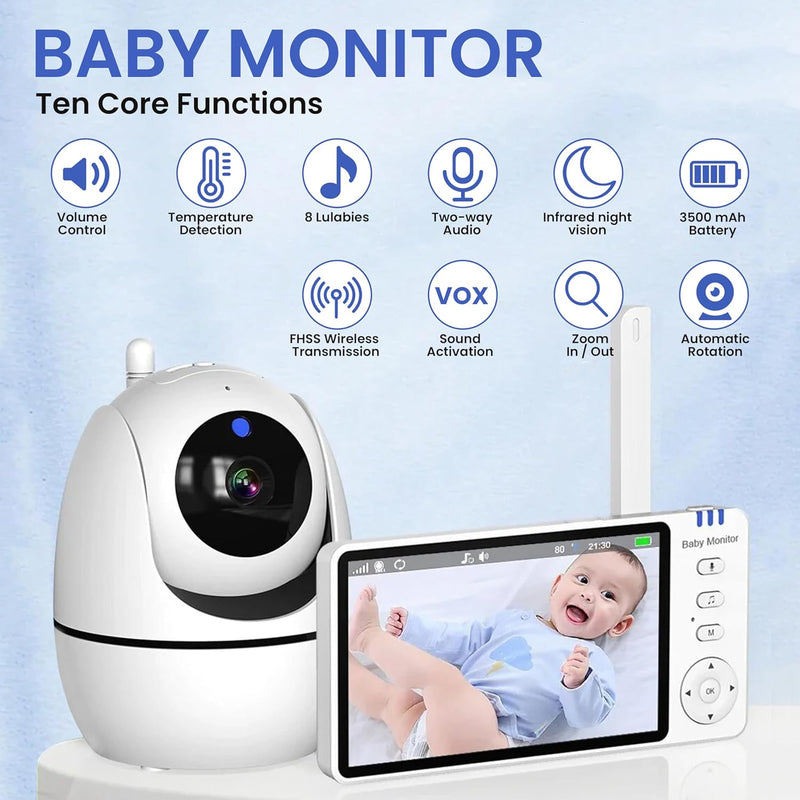 RFAQK Baby Monitor-720P 5" Baby Camera Monitors, Video Baby Monitor with Camera and Audio, Night Vision, 4X Pan-18 HOURS VOX MODE, Temperature Sensor, Baby Monitor no Wifi with Lullabies