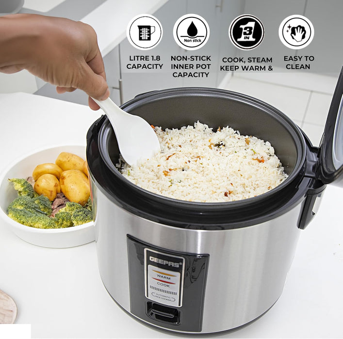 Geepas 1.8L Stainless Steel automatic Rice Cooker- GRC4330| 762W, Non-Stick Inner Pot, Stainless Steel BodyMake Rice and Steam Healthy Vegetables | 2-Year Warranty