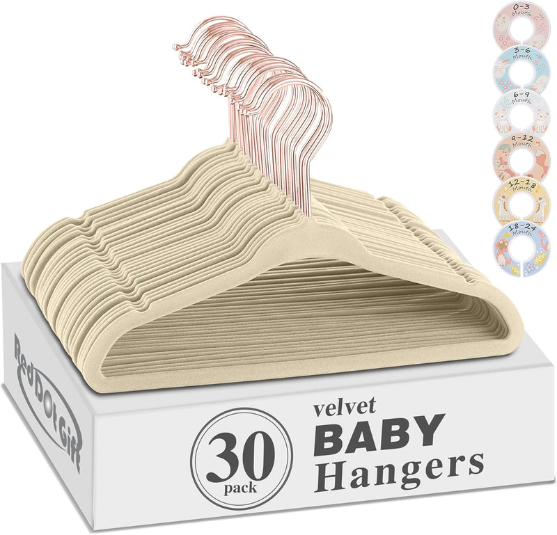 Red Dot Gift® Baby Velvet Hangers 11Inch/28cm - Nursery Clothes Hangers Non Slip Toddler Hangers, 360 Chrome Swivel Hook (White, 30)