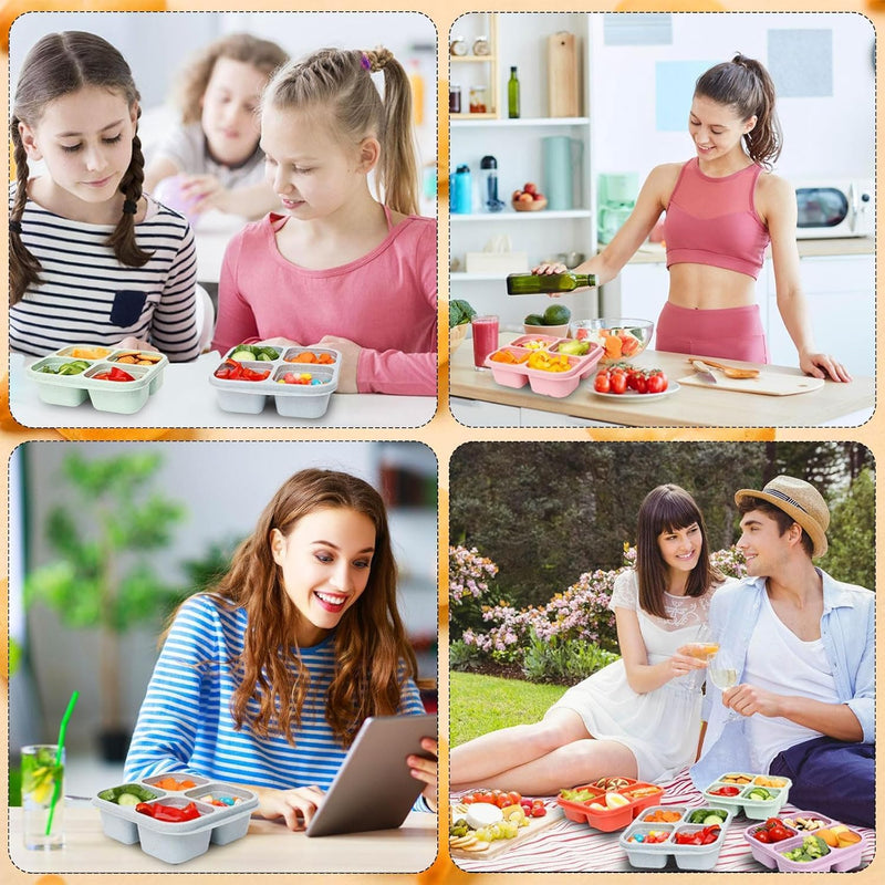 4Pcs Bento Lunch Box, Wheat Straw Snack Box Container, 4 Compartment Snack Lunchable Containers, Reusable Divided Bento Snack Box, Meal Prep Lunch Containers for School, Work Travel,Nuts Candy Fruit