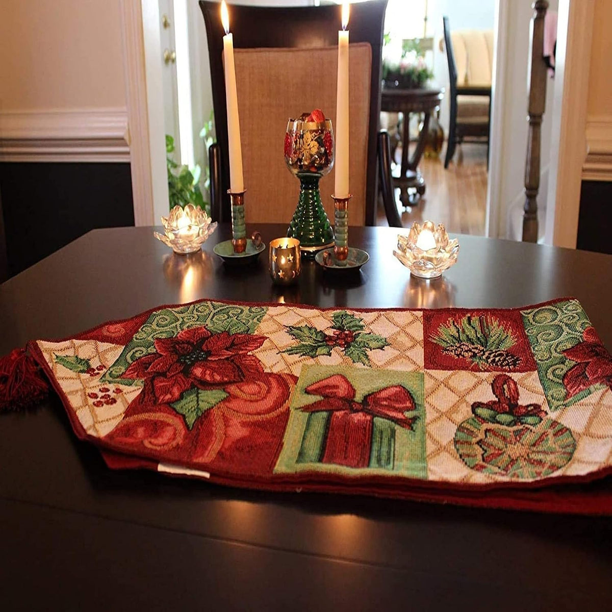 Sulfar Christmas Decorative Table Runner 13 x 71 inch Cotton Table Cloth with Tassels Floral Sofa Table Decor for Christmas & Thanksgiving Party – image 3
