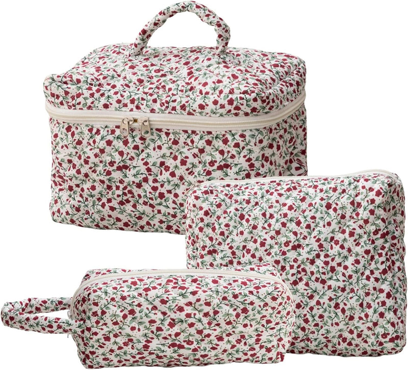 3 Pcs Cotton Quilted Makeup Bag Set,Floral Makeup Bag,Cute Makeup Bag,Travel Makeup Bag,Large Toiletry Cosmetic Bag Makeup Bag Organizer for Women Girls (H) - D