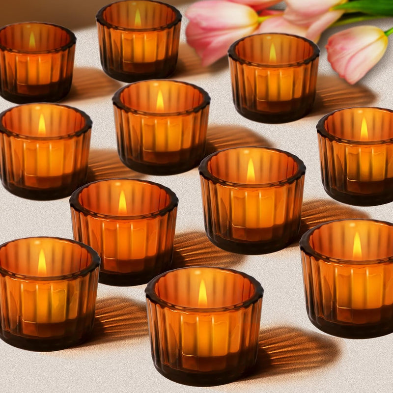 SKYLINK 12 Pack Amber Glass Votive Candle Holders, Thick Ribbed Glass Tealight Holders for Weddings, Home Décor, Parties, Spa, Table Centerpieces