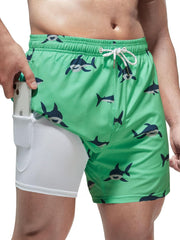 Men's Swimming Trunks with Compression Liner 2 in 1 Casual Swim Shorts Short 5.5 Inch Quick Drying Board Shorts Beach Shorts with Zip Pocket S - XXL - Shark