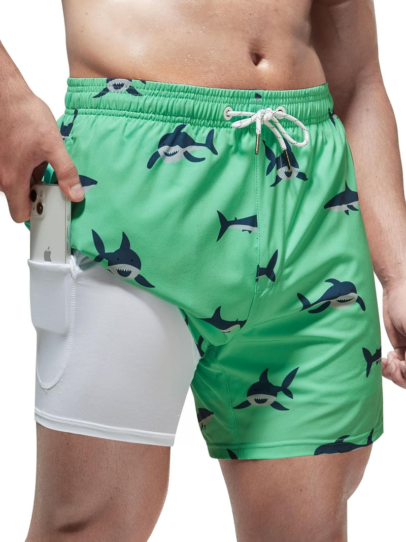 Men's Swimming Trunks with Compression Liner 2 in 1 Casual Swim Shorts Short 5.5 Inch Quick Drying Board Shorts Beach Shorts with Zip Pocket S - XXL - Shark