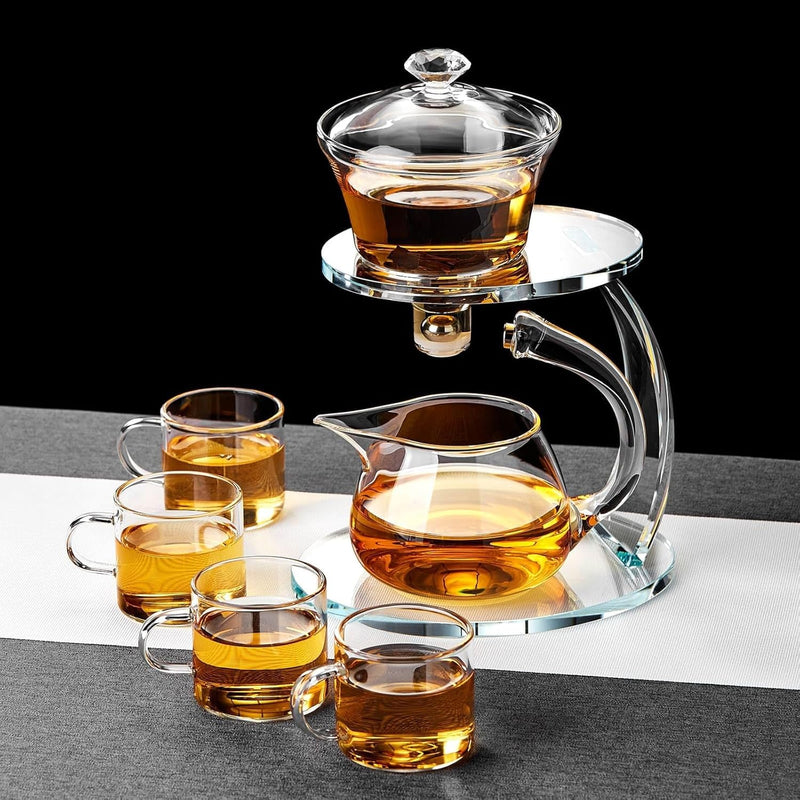Unbreakable Glass Teapot Set, 340ml Semi-Automatic Rotating Kungfu Tea Pot with Infuser, Borosilicate Glass Drip Teapot for Home, Tea House, Restaurant, Chinese Tea Ceremony
