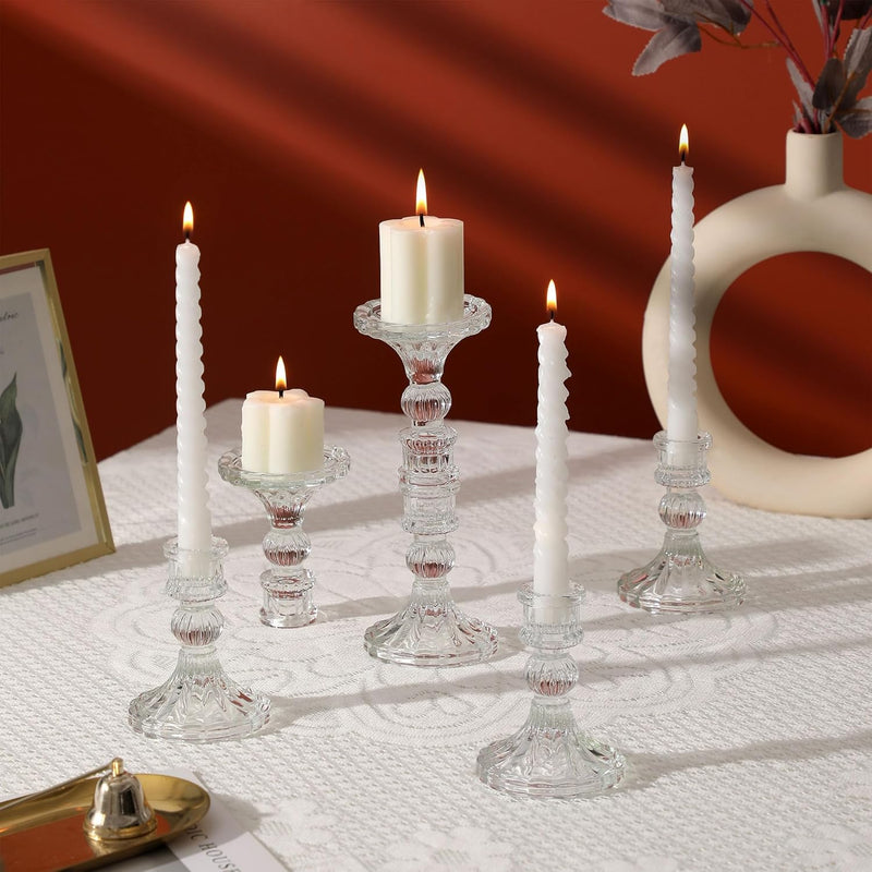 TERRIFI Clear Candlestick Holders, 6 Pcs Elegant Glass Taper Candle Holders for Wedding, Party, Festival and Anniversary Table Decor