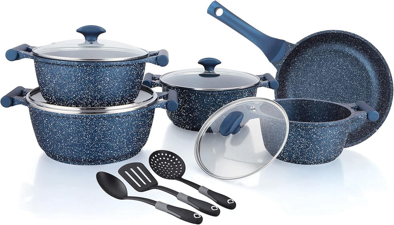 Prestige Essentials Granite 12 Piece Non-Stick Cast Aluminium Cookware sets Induction Base Non Stick Aluminium Granite Casserole Granite Fry Pan Blue - Blue