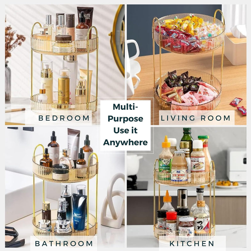 Sortify Perfume Organizer, Luxury Acrylic Perfume Stand, Lazy Susan 360° Rotating Makeup Organizer & Skincare Rack, Showcase Your Cologne Collection with 2 Tier Perfume Tray 32x23x23cm (Gold)