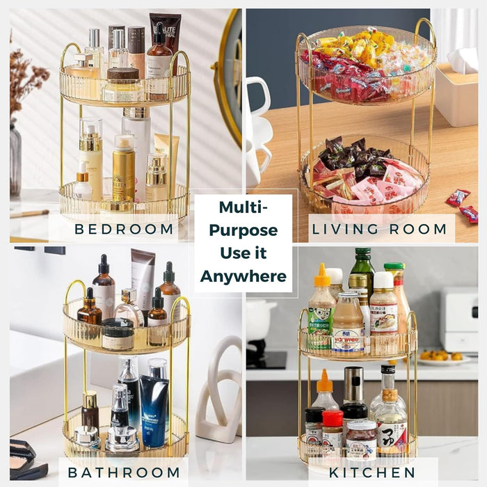 Sortify Perfume Organizer, Luxury Acrylic Perfume Stand, Lazy Susan 360° Rotating Makeup Organizer & Skincare Rack, Showcase Your Cologne Collection with 2 Tier Perfume Tray 32x23x23cm (Gold)