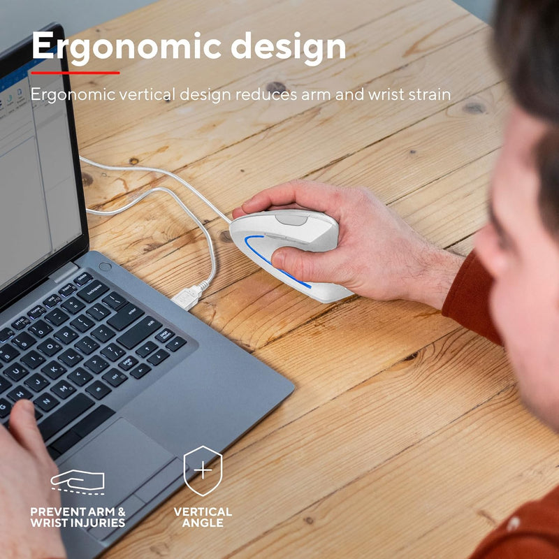 Trust Verto Wired Ergonomic Mouse, Vertical Mouse with LED Illumination, Reduces Arm Strain, 1000-1600 DPI, 6 Buttons, for Right Hand Users, 1.5m USB Cable, Computer Mouse for PC, Laptop. Mac - White - Single White