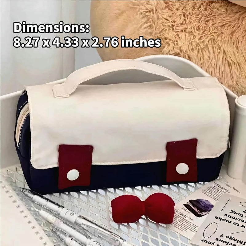 Cute Bow Pencil Case for Girls, Durable Single Compartment Stationery Organizer Pouch for School, Art, and Travel, with Small Pocket and Bonus Animal Erasers Ideal Gift for Students
