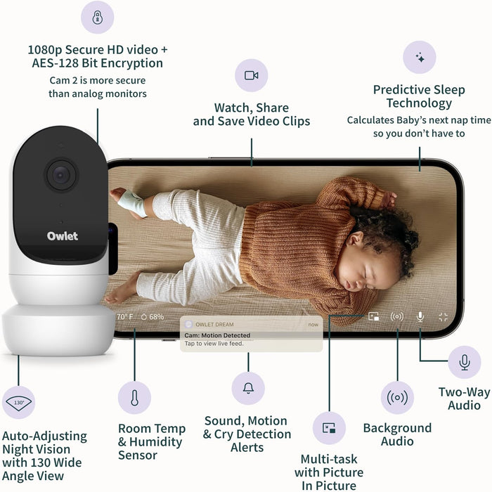 Owlet Cam 2 - Smart Baby Monitor Camera - Stream Secure HD Video and Audio with Night Vision, 4X Zoom, Wide Angle View and Sound, Motion and Cry Notifications - White