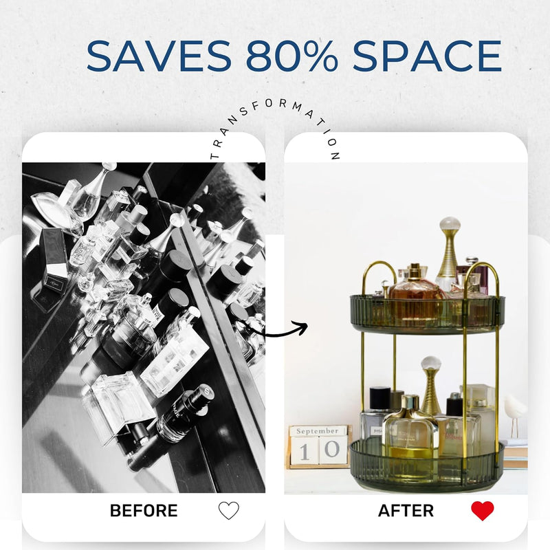 Sortify Perfume Organizer, Luxury Acrylic Perfume Stand, Lazy Susan 360° Rotating Makeup Organizer & Skincare Rack, Showcase Your Cologne Collection with 2 Tier Perfume Tray 32x23x23cm (Gold)