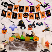 Halloween Party Decorations Set - 5Pack HalloweenDecor Festive Happy Halloween Banner Hanging Swirls & Spider Web Table Decorations & Mantel Scarf & 3D Bat Sticker for Hallo-ween Party Home